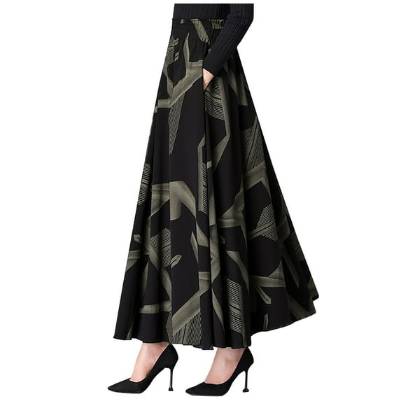 Aofany Women A-line Skirt Fashion Pocket Long Skirts High Waist Vintage Print Skirt