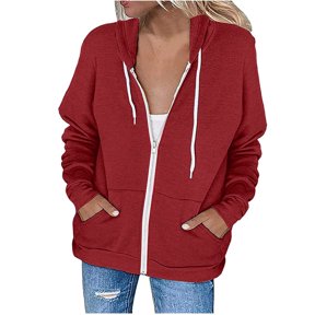 Aofany Women Blouse Loose Shirts Hoodie Zip Lightweight Sweatshirts Pockets Tops Long Sleeve Plus Size Tops for Women Tunic Pullover Sweatshirt Coat Wine XXL