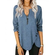 Aofany Women Blouse Loose Shirts Solid Color Buttons Zipper V-Neck Loose Shirt Top Long Sleeve Plus Size Tops for Women Tunic Pullover Sweatshirt Blue XL