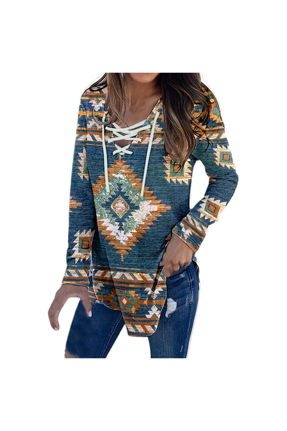 Women Blouse Loose Shirts V-Neck Casual Stitching Printing Tie T-shirt Top Long Sleeve Plus Size Tops for Women Tunic Pullover Sweatshirt Green XL