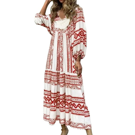 Aofany Women Boho Floral Puff Sleeve Tiered Maxi Dress Casual Layered Loose Vacation Long Dress