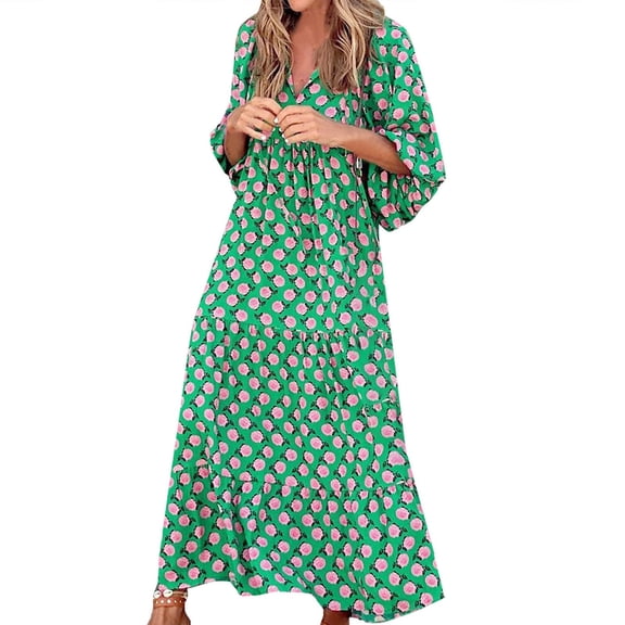 Aofany Women Boho Floral Puff Sleeve Tiered Maxi Dress Casual Layered Loose Vacation Long Dress