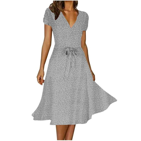 Aofany Women Casual Dress Summer Dress V Neck Solid Color Polka Dot Print Dress Short Sleeve Lace Up Tie Dress