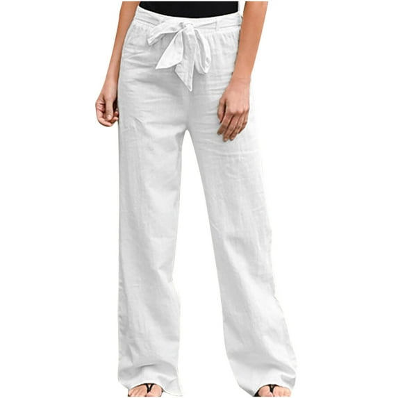 Aofany Women Casual Linen Pants Straight Leg Pants High Waisted Beach Pants Drawstring Relaxed Fit Sweatpants