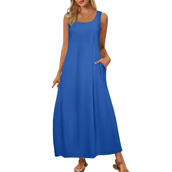 Aofany Women Casual Loose Dress with Pockets Sleeveless Crew Neck Long Maxi Dress Beach Swing Dress Tank Dress Sundresses