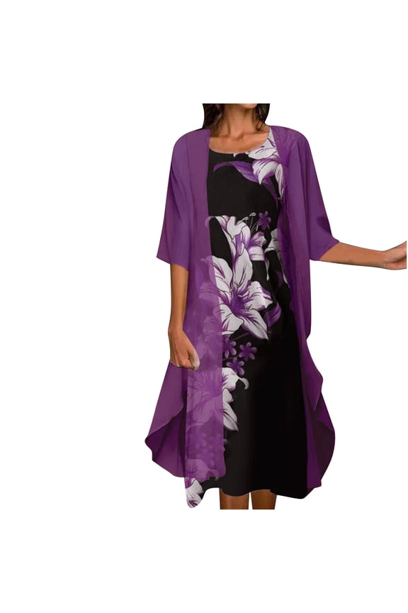 Women Casual Printing Round Neck Sleeveles Chiffon Two-Piece Set Dress 2 Piece Set Beach Sundress