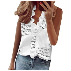 Aofany Women Casual Solid Color Ruffle Collar Long Sleeve Ruffle Shirt Blouse V-Neck Sleeveless Shirt Tops White M