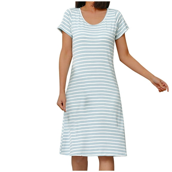 Aofany Women Cotton Nightgown Sleepwear Short Sleeves Shirt Casual Striped Print Sleepdress Soft Sleepshirt Loose Fit Loungewear