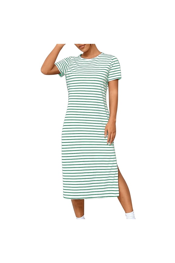 Women Dress Summer Short Sleeve Striped Holiday Dress Round Neck Casual Side Slit Midi Dresses