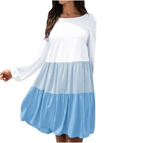 Aofany Women Dresses Casual Maxi Dress Holiday Solid Splicing Round Neck Long Sleeve Party Beach Dress Party Dress for Women Summer and Autumn Beach Dress Sun Dress Blue L