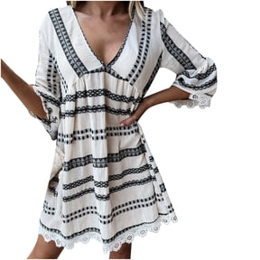 Aofany Women Dresses Casual Maxi Dress Lace Pacthword Casual Print Dress V-Neck 3/4 Sleeve Loose Dress Party Dress for Women Summer and Autumn Beach Dress Sun Dress Black XL