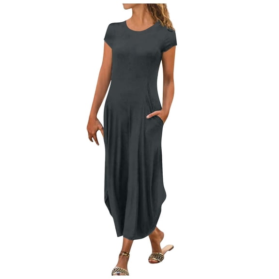 Aofany Women Dresses Casual Maxi Dress O-Neck Mid-Waist Skirt Solid Color Short Sleeve Long Skirt Party Dress for Women Summer and Autumn Beach Dress Sun Dress Gray L