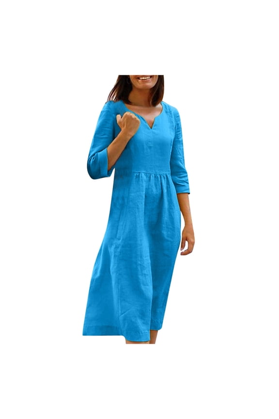 Women Dresses Casual Maxi Dress Summer Casual 3/4 Sleeve V Neck Party Dresses Swing Dress Party Dress for Women Summer and Autumn Beach Dress Sun Dress Blue M