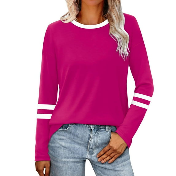 Aofany Women Fall Tops Long Sleeve Tunic Tops Casual Crew Neck Blouses Color Block Loose Fit T Shirts for Ladies Clothes