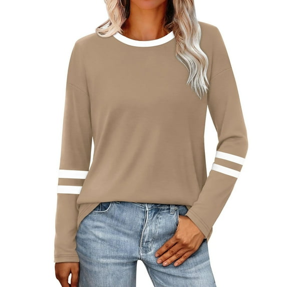 Aofany Women Fall Tops Long Sleeve Tunic Tops Casual Crew Neck Blouses Color Block Loose Fit T Shirts for Ladies Clothes