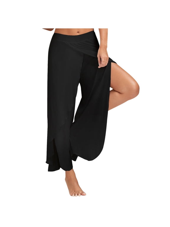 Women Flowy Split Yoga Pants High Waisted Plus Size Wide Leg Pants Baggy Hippie Pilates Pants Boho Beach Palazzo Pants