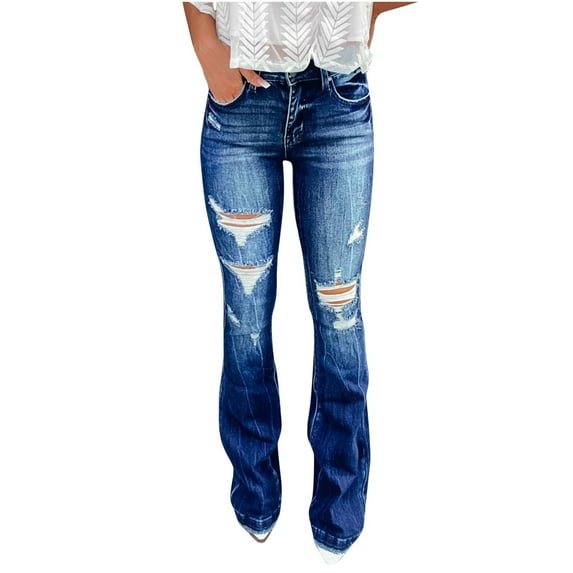 Aofany Women Jeans Stretchy Full Length Pants Women's High Waist Ripped Denim Trousers Casual Skinny Bootcut Bell Bottom Jeans