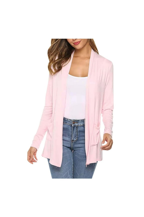 Women Lightweight Cardigans Open Front Casual Solid Color Long Sleeve Knit Sweater Cover Up with Pockets