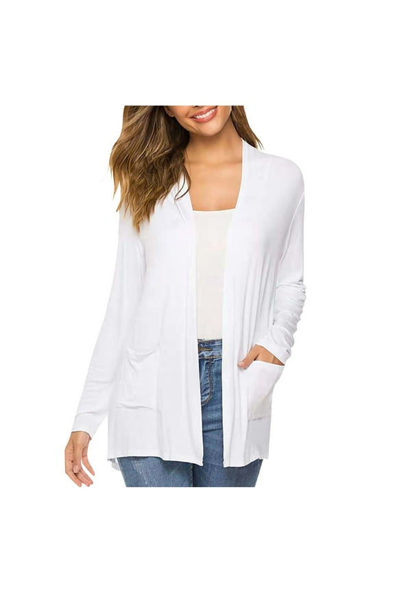 Women Lightweight Cardigans Open Front Casual Solid Color Long Sleeve Knit Sweater Cover Up with Pockets