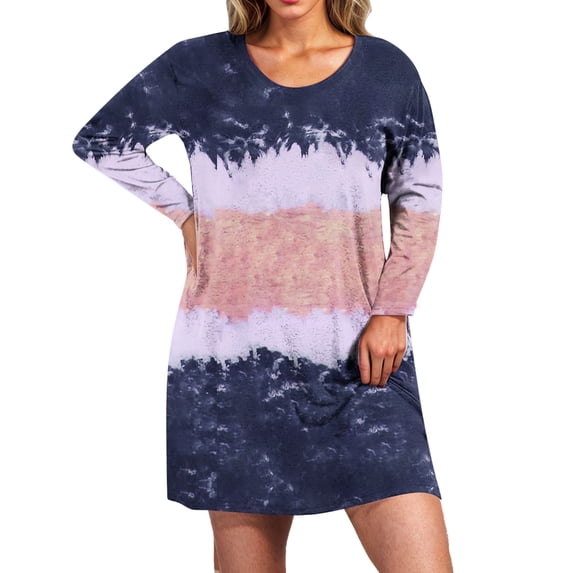 Aofany Women Long Sleeve Dress Casual Crewneck T Shirt Dress Solid Color/Tie-dye Plus Size Dresses for Women