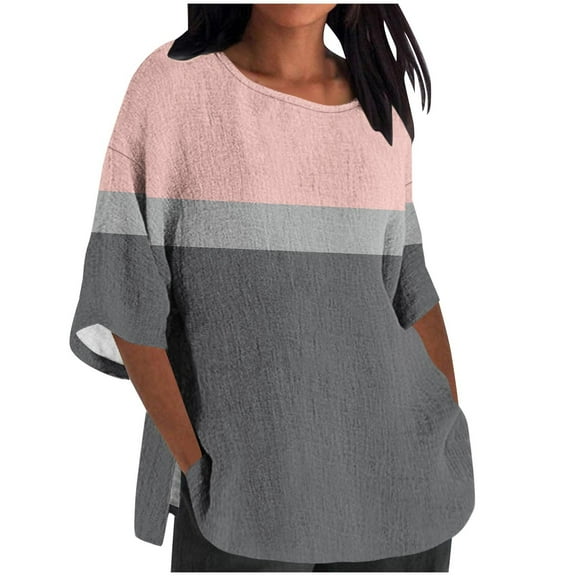 Aofany Women Plus Size Cotton Linen Tops Summer Patchwork Casual Loose Basic Tops Fashion 3/4 Sleeves Tee Shirt Blouses