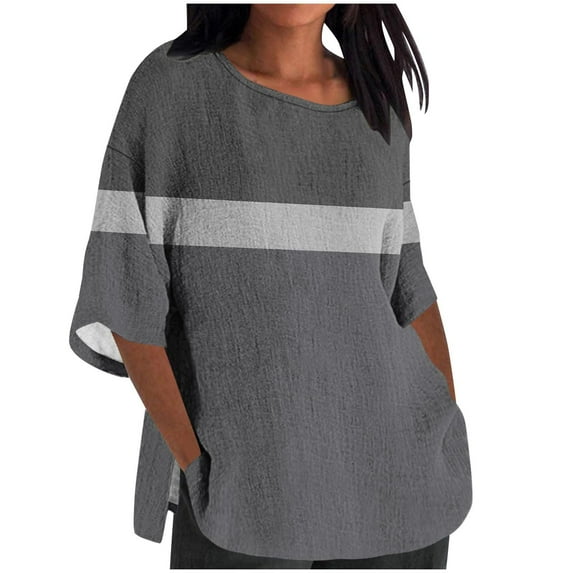 Aofany Women Plus Size Cotton Linen Tops Summer Patchwork Casual Loose Basic Tops Fashion 3/4 Sleeves Tee Shirt Blouses