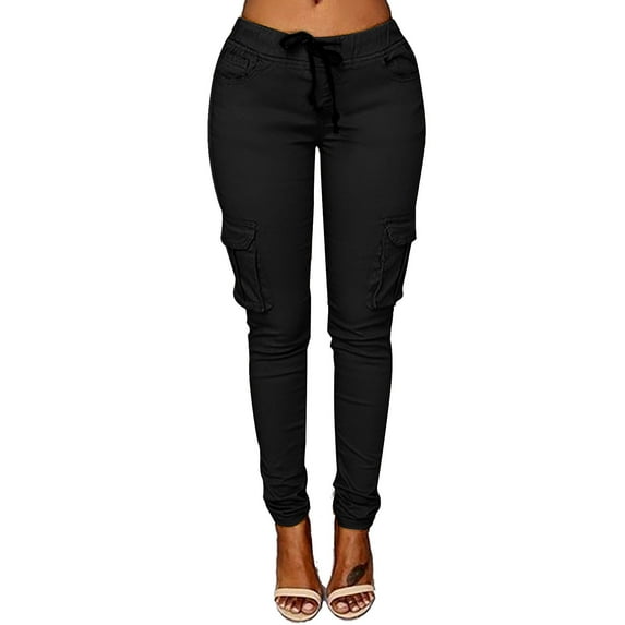 Aofany Women Plus Size Drawstring Cargo Pants Solid Color Multi-pocket Slim Trousers Casual Loose Elastic Waist Pants
