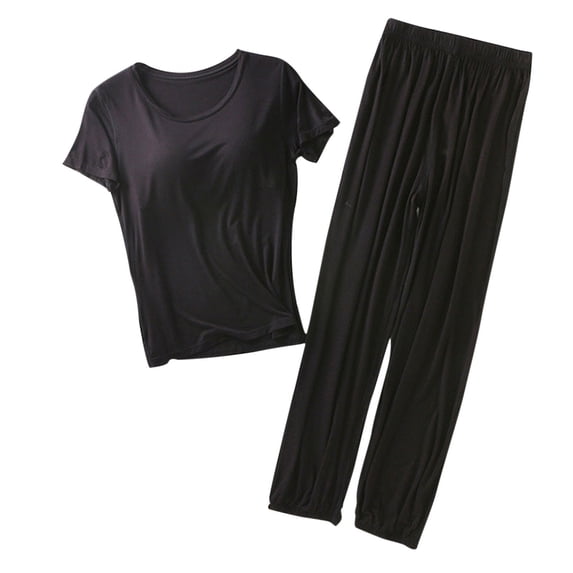 Aofany Women Plus Size Pajama Sets Women Solid Color Round Neck Short Sleeve with Chest Pad Top with Trousers Home Wear Set