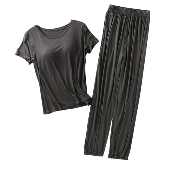 Aofany Women Plus Size Pajama Sets Women Solid Color Round Neck Short Sleeve with Chest Pad Top with Trousers Home Wear Set
