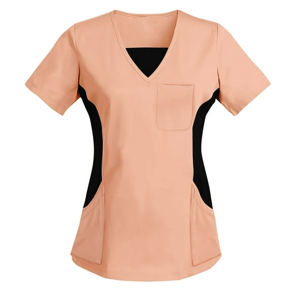Aofany Women Regular Nursing Uniform Tops V-Neck Scrub Top Casual Solid Patchwork Short Sleeve Medicals Scrub Stretch Work Tops with Pockets