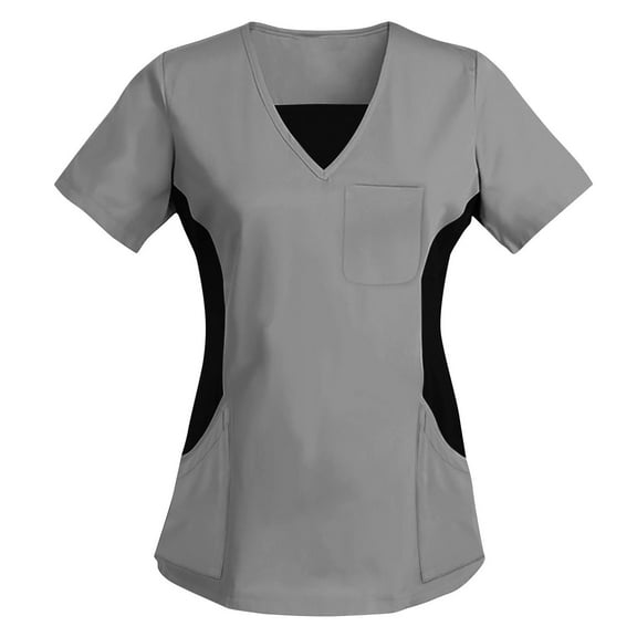 Aofany Women Regular Nursing Uniform Tops V-Neck Scrub Top Casual Solid Patchwork Short Sleeve Medicals Scrub Stretch Work Tops with Pockets