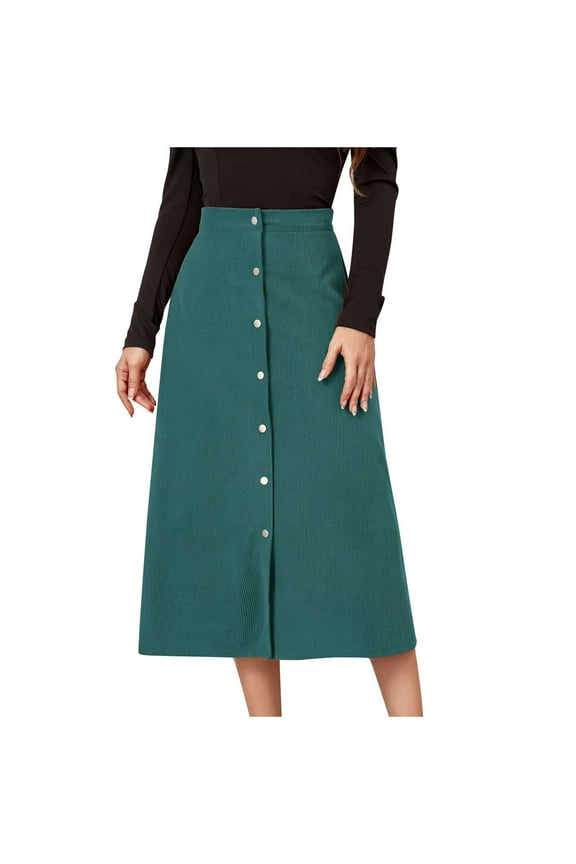 Women Skirt A-line Retro Corduroy Petticoat High Waist Button Midi Skirt Casual Loose Pencil Mid-Calf Skirt