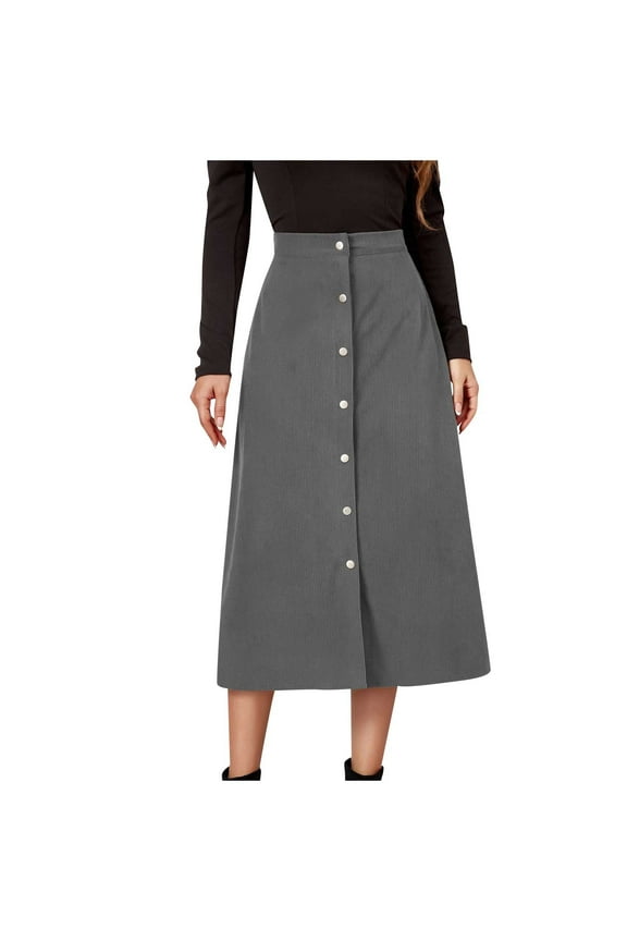 Women Skirt A-line Retro Corduroy Petticoat High Waist Button Midi Skirt Casual Loose Pencil Mid-Calf Skirt