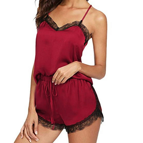 Aofany Women Sleepwear Sleeveless Strap Nightwear Lace Trim Satin Cami Pajama Sets