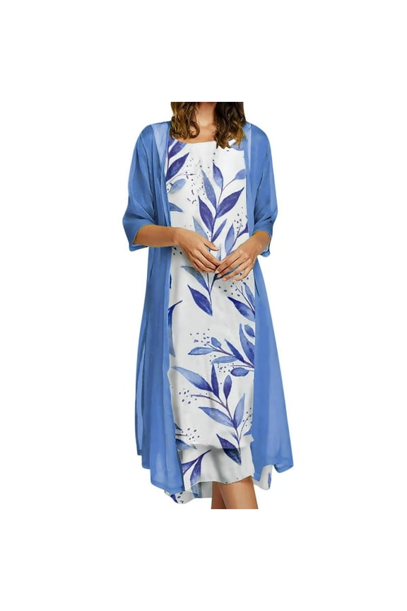 Women Summer Casual Dress Vacation Floral Chiffon Sleeveless Maxi Dress Two Piece Set Dress Cardigan