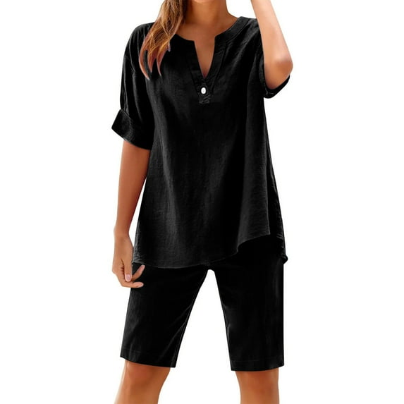 Aofany Women Summer Cotton Linen Short Sets 2 Piece Lounge Shorts Casual Button V Neck Tops Loose Beach Vacation Two Piece Outfits Tracksuits