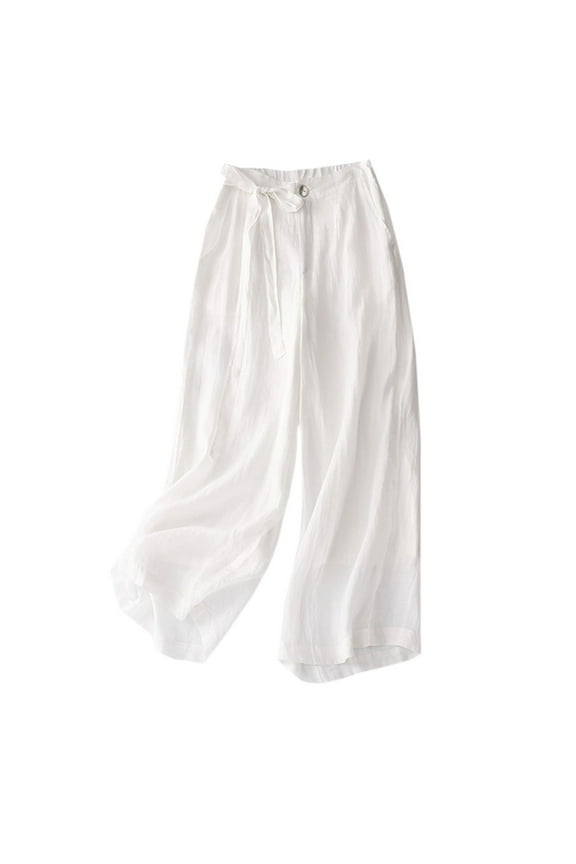 Women Summer Cotton Linen Trousers Solid Color Double Layer Lining Cropped Pant Casual Wide Leg Versatile Pants
