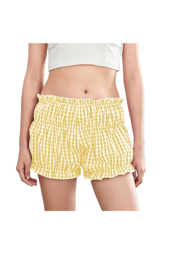 Women Summer Cute Shorts Comfortable Puffy Elastic Waist Plaid Shorts Casual Fashion Beach Short Pants