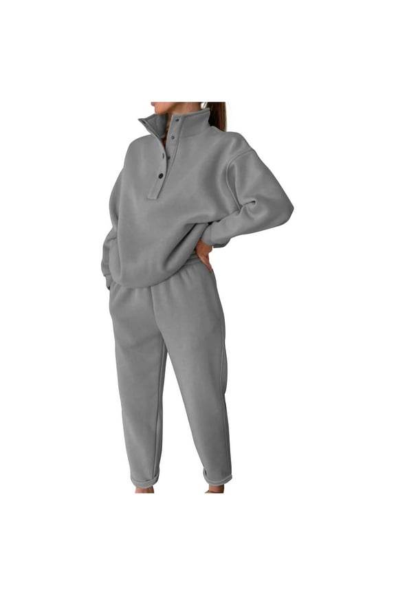 Women Trendy 2 Pcs Tracksuits Solid Color Buttons Sweatshirt and Sweatpants Activewear Fall Pullover Workout Outfits Set