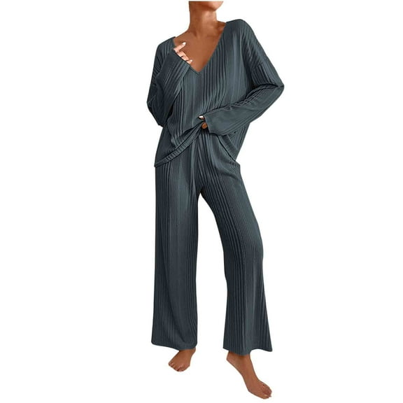 Aofany Women Two-piece Sets Loose Casual Solid Long Sleeve Tops Wide Leg Pants Sweatsuit Lounge Sets for Women