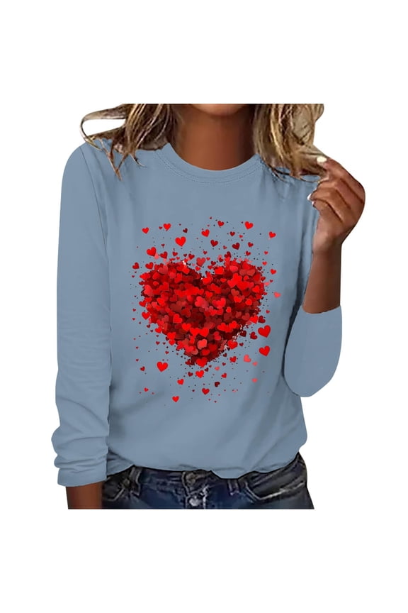 Women Valentine's Day Pullover Sweatshirts Heart Print Sweater Tops Long Sleeve Crewneck Shirts Fashion Loose Blouse Teen Girls Sweatshirt