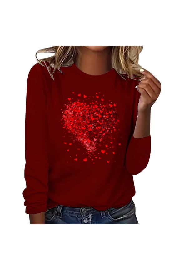 Women Valentine's Day Pullover Sweatshirts Heart Print Sweater Tops Long Sleeve Crewneck Shirts Fashion Loose Blouse Teen Girls Sweatshirt