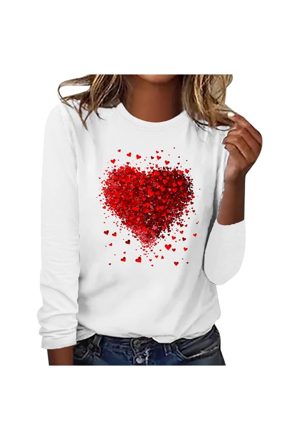 Women Valentine's Day Pullover Sweatshirts Heart Print Sweater Tops Long Sleeve Crewneck Shirts Fashion Loose Blouse Teen Girls Sweatshirt