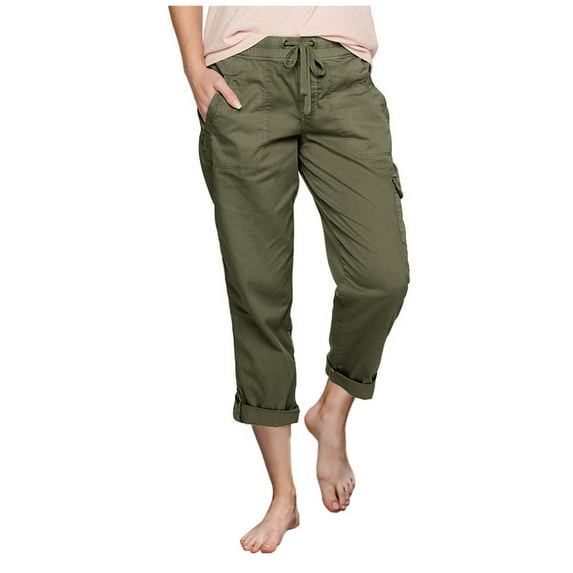 Aofany Women's 3/4 Casual Pants Solid Color Lacing Up High Waist Cargo Pants A-Line Loose Straight Leg Pants with Pockets Army Green XXL