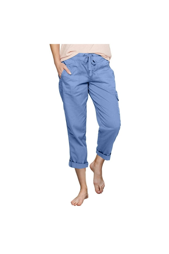 Women's 3/4 Pants A-Line Loose Straight Leg Pocket Trousers Fashion Casual Solid Color Mid-Waist Cargo Pants Lacing Up Mid-Length Pants Blue M