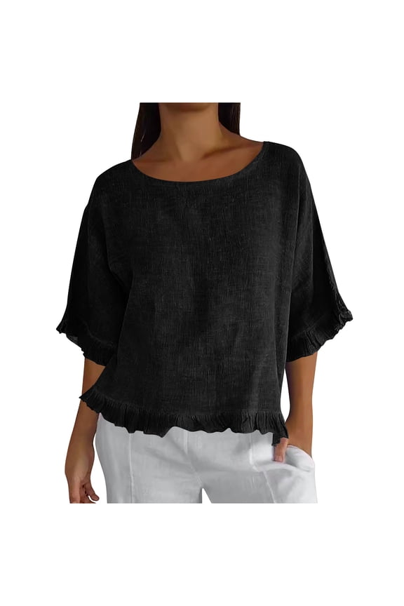 Women's 3/4 Sleeve Casual T Shirts Summer Linen Ruffle Plain Round Neck Loose Fit Tee Blouse Tops