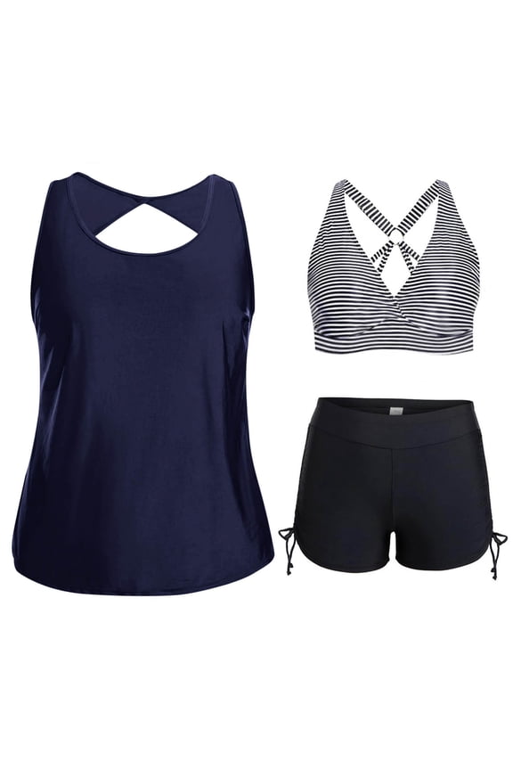 Women's 3 Piece Tankini Swimsuits Tummy Control Swim Bathing Suits Comfort Modest Athletic Plus Size Swimwear