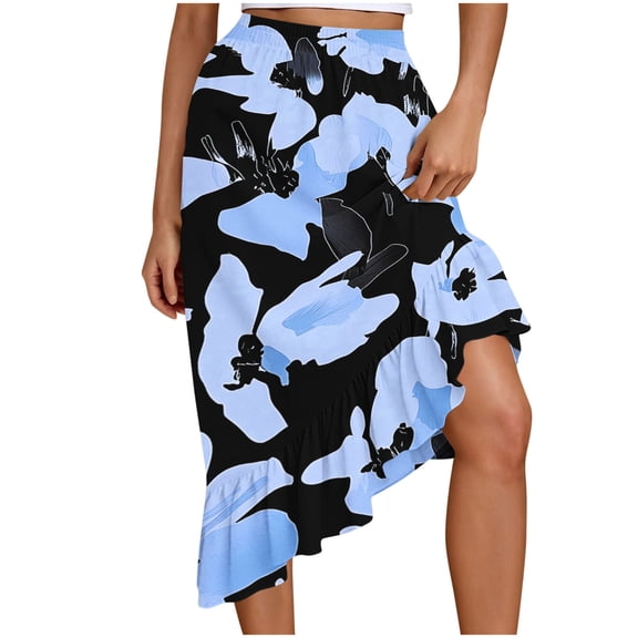 Aofany Women's Boho Floral Print Skirts High Waist Midi Skirt Summer Ruffle Beach A Line Swing Long Skirts for Women