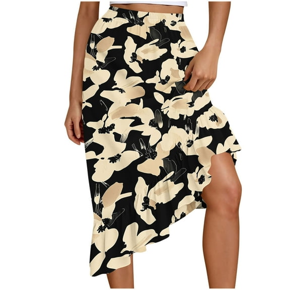 Aofany Women's Boho Floral Print Skirts High Waist Midi Skirt Summer Ruffle Beach A Line Swing Long Skirts for Women