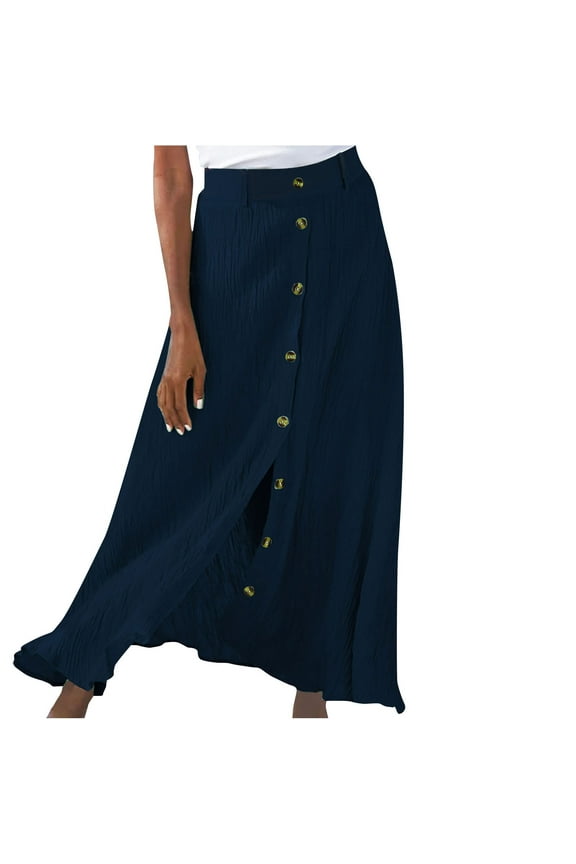 Women’s Boho Maxi Skirt Ruffle Swing Button Front Midi Long A-Line Skirt Full Length Long Maxi Skirt Bohemian Slit Skirt